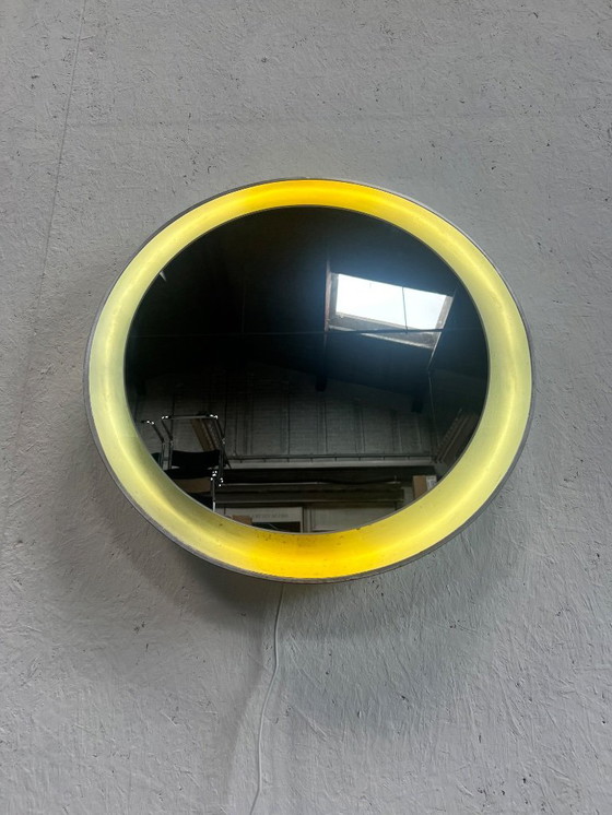 Image 1 of Vintage Round Wooden Wall Mirror With Lighting, Xl, 1970's