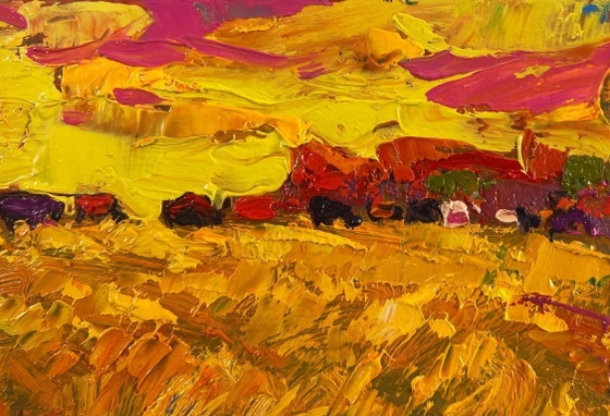 Image 1 of Original Oil Painting Sunset Field Landscape Silence in the pasture