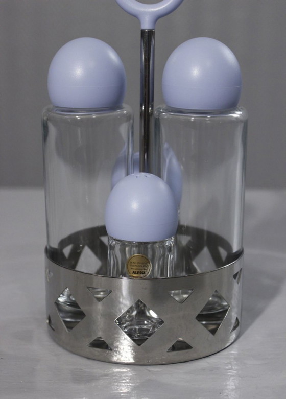 Image 1 of Service à condiments vintage Alessi inox & cristal huilier vinaigrier 1990s