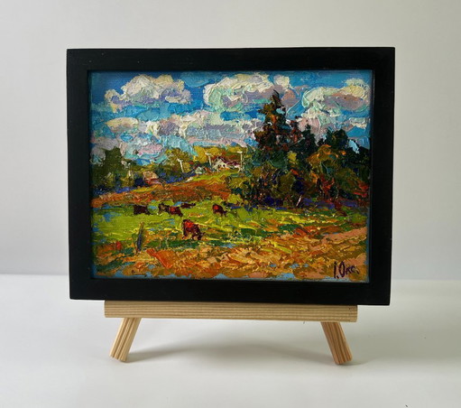 Original Oil Painting Rural Life Landscape A Warm Summer Day