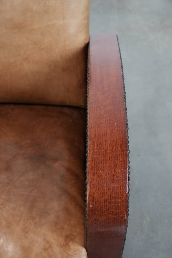 Image 1 of Fauteuil de style Art déco en cuir de vachette d'une belle couleur cognac clair