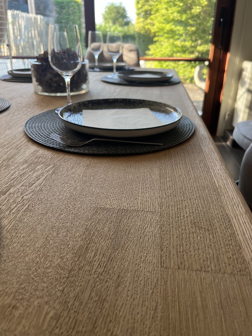 Upcycled oak table with metal center leg