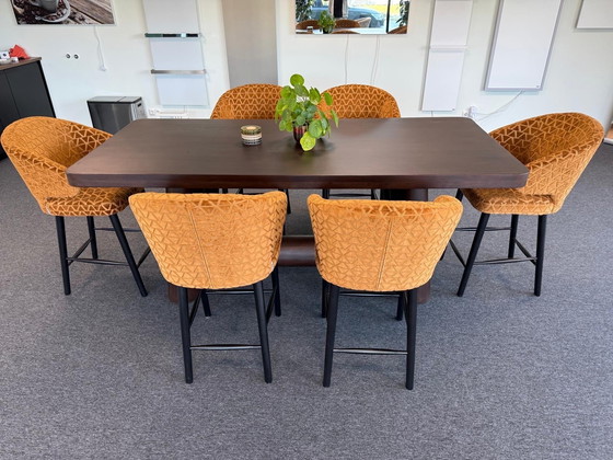 Image 1 of Richmond hoge tafel kersenhout 97x219cm set met 6 stoelen indigo triangle zithoogte 68 cm