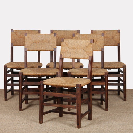 Set of 6 oak straw-seated chairs, French work, 1950