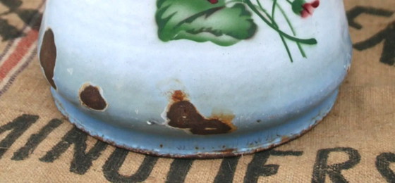 Image 1 of Antique French Hand-Painted Enamel Water Pitcher, Floral Cyclamen Jug, Blue Rim Farmhouse Vase, Rustic Country Decor