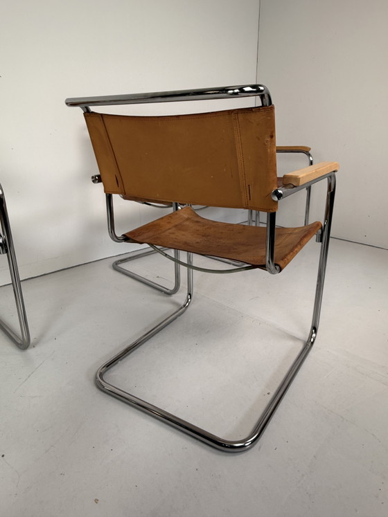 Image 1 of 6 x Thonet S34 tubular frame chairs cognac leather