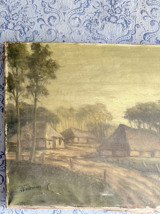 Image 1 of Painting on canvas of an old farm landscape in Northern Europe 
