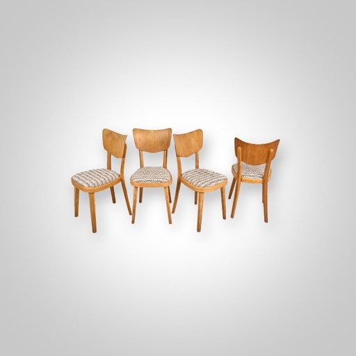 Ensemble de 4 chaises de salle à manger, par TON, années 1960, Tchécoslovaquie – eetkamerstoelen, Textile, Wood