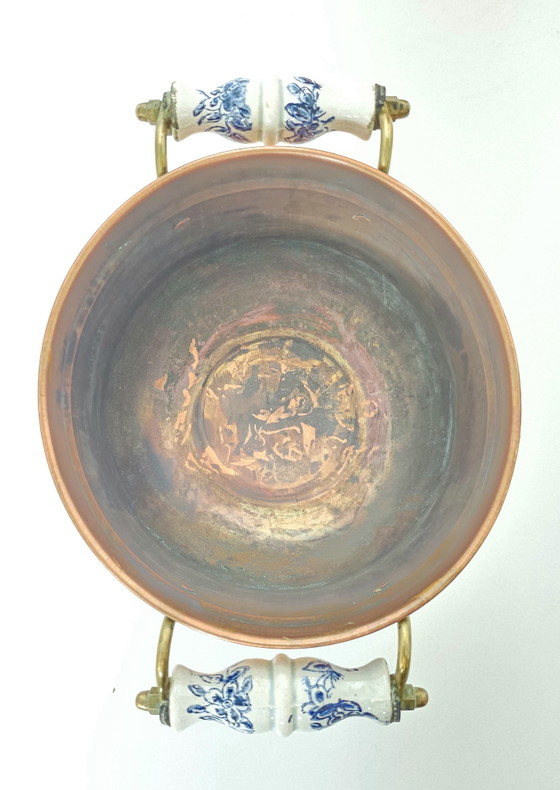 Vintage Nederlandse paraplubak en plantenbakset van koper en messing - Delftsblauwe handgrepen – Copper (photo 9 of 12)