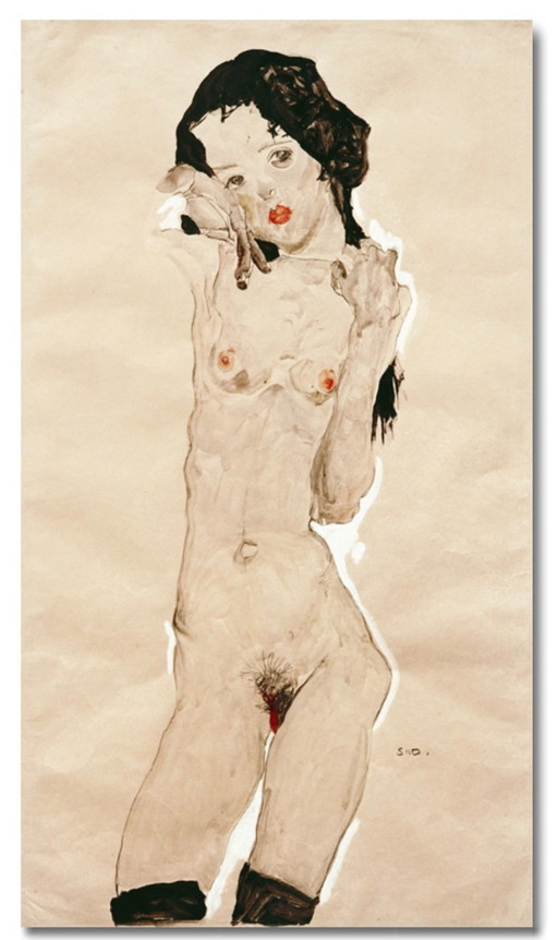 Egon Schiele: “Chica de pelo negro desnuda, de pie”.