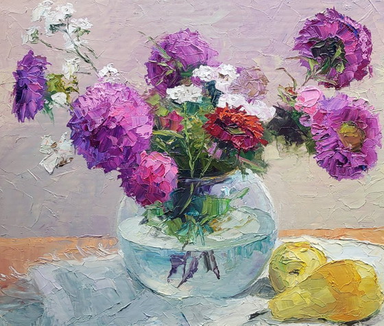 Image 1 of Peinture à l'huile originale Nature morte Asters dans un vase sur une table