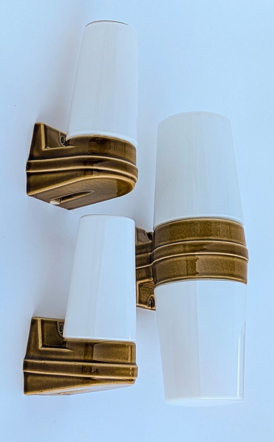 Image 1 of Mid-Century Matching Set of 3 Ochre Porcelain Wall Sconces (Models 6065 & 6080) by Sigvard Bernadotte for Ifö – 1960s
