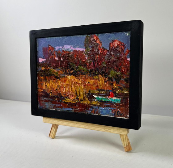 Image 1 of Original Oil Painting Autumn River Landscape: A Walk in the Evening Silence