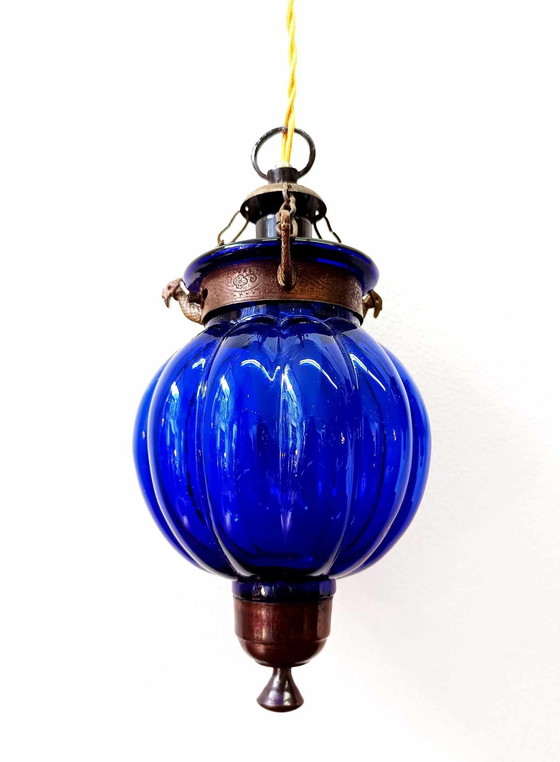Image 1 of 2x Lampes Photophores en Verre Bleu Inde