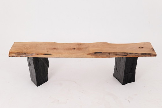 Image 1 of Live Edge Solid Wood Bench with Charred Legs, Organic Modern by Logniture