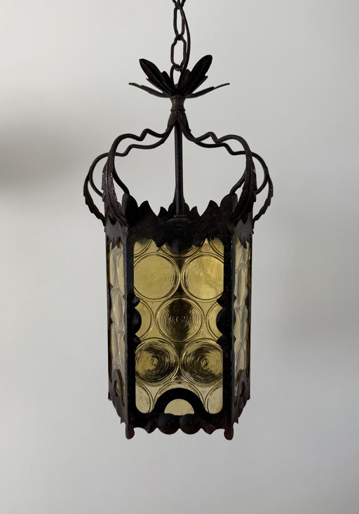 Vintage Italian Wrought Iron & Amber Art Glass Lantern – 1960s