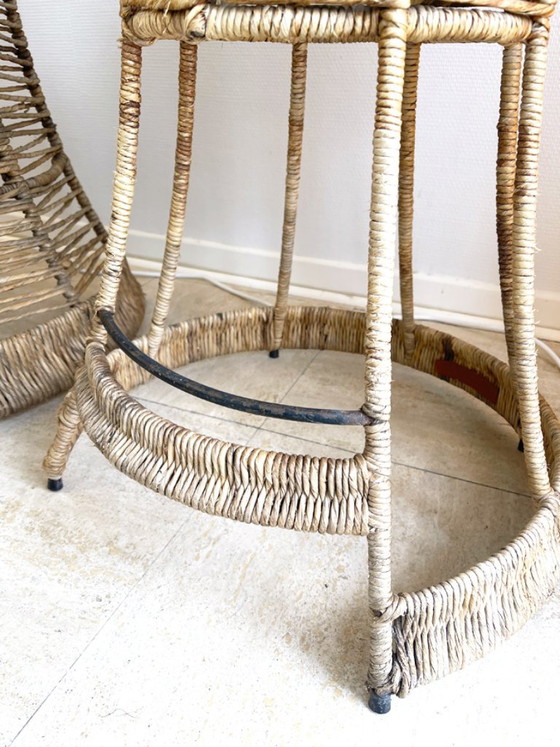 Bancone da giardino in rattan e vetro con due sgabelli - anni '70 – Set da salotto, Wicker (photo 12 of 12)