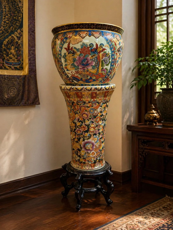 Jardinière Satsuma japonaise antique sur piédestal – Période Meiji Taisho – ca. 1890–1920 – Porte-plantes (photo 2 of 7)