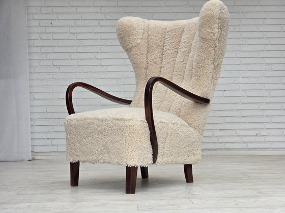 1960s, Danish high-back armchair, genuine sheepskin, reupholstered. – Wood (photo 5 of 22)