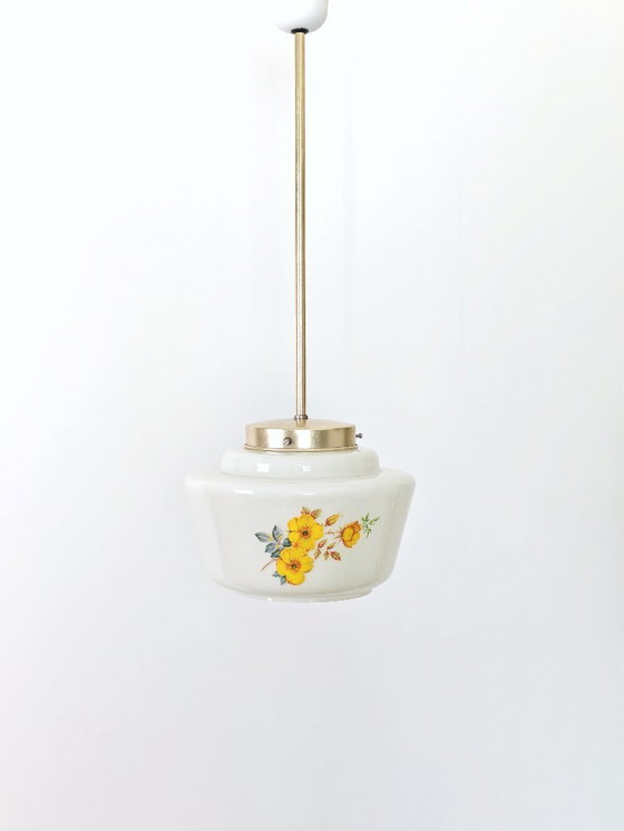 Image 1 of Vintage Floral Glass Pendant Light / Mid Century Hanging Lamp / Retro Ceiling Light / Vintage Kitchen Lighting / 1970s