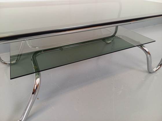 Image 1 of Table Basse Rectangulaire Italienne Vintage 2 Plateaux en Verre Fumé et Métal Chromé des Années 70