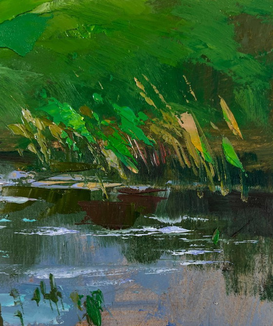 Image 1 of Original Oil Painting Rural Summer Landscape Village Nestled On A Quiet Shore