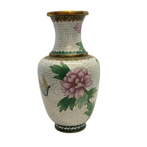 Image 1 of Chinese cloisonné vase with lotus flowers