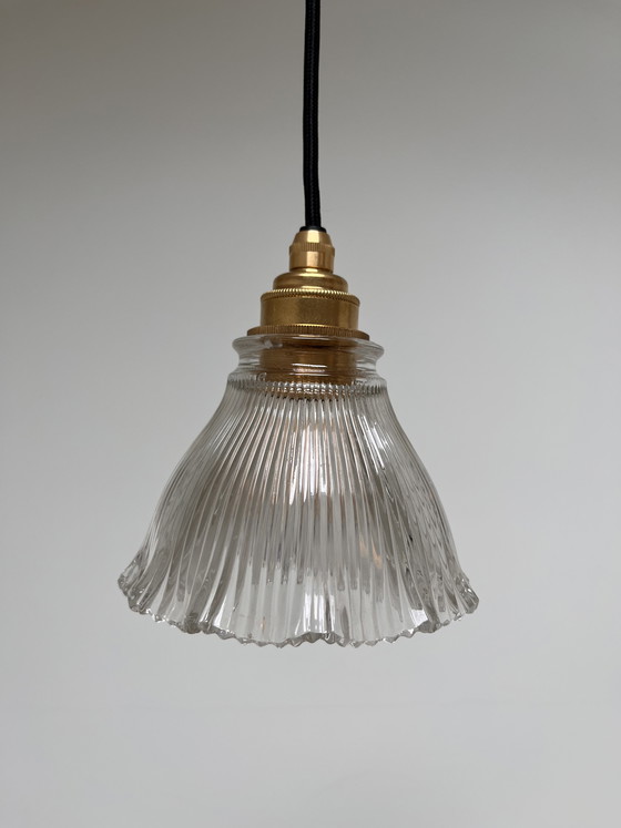 Image 1 of Vintage French ribbed glass pendant lamp