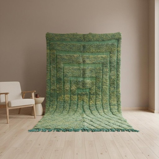 Alfombra artesanal de lana verde, 250 cm x 150 cm.