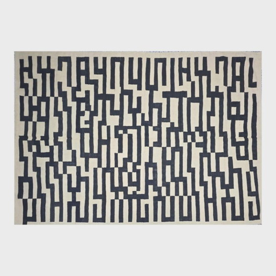 Handwoven Wool Tapestry | Victor Vasarely Style Op Art, Black White Geometric (118 × 81 in) – Rugs & carpets (photo 3 of 9)