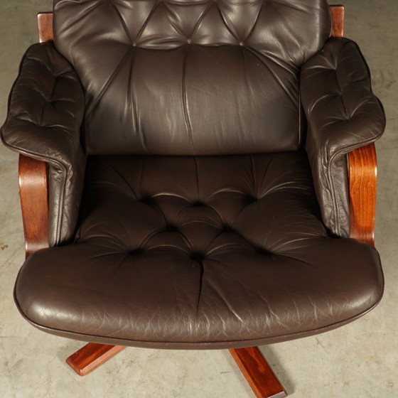 Image 1 of Fauteuil pivotant vintage en cuir - marron - années 1970