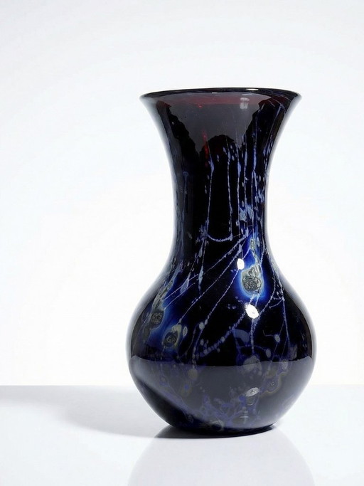 Large vintage purple art glass vase with silver inclusions