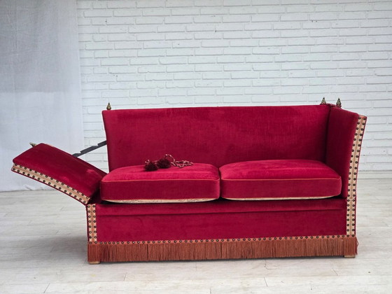 1970s, Danish 2-seater "Spanish" drop arm sofa, furniture velour., 2 seaters, Velvet, Wood, Red (photo 21 of 23)