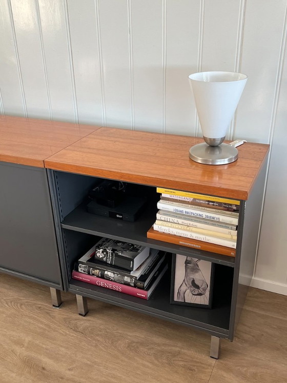 Sideboard with wooden top and dark grey doors, Metal, Brown, Vintage (photo 2 of 11)