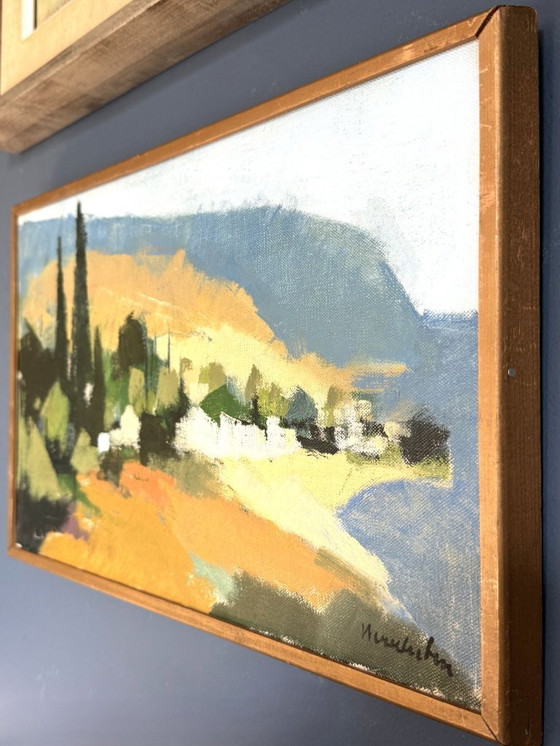 Image 1 of Peinture à l'huile moderniste « Village d'Ibiza » de Stig Wernheden (1921-1997)
