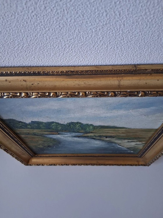 Image 1 of Dipinto originale ad olio su tela con cornice in legno | Paesaggio fluviale | Vintage