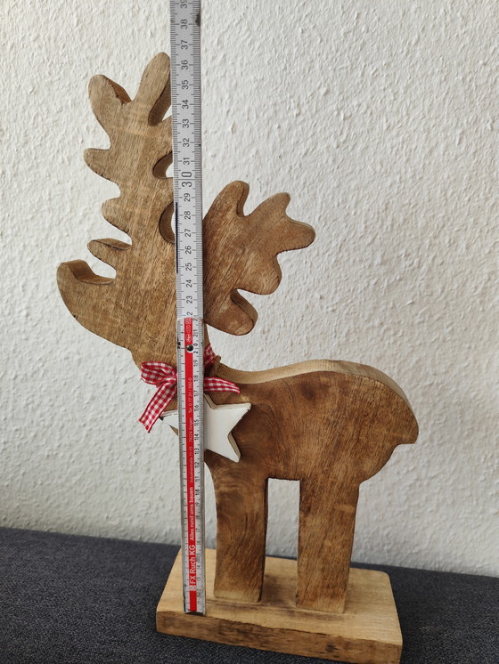 Image 1 of 🌲 Cute wooden moose figurine – 40 cm – natural – with bow & star 🌟