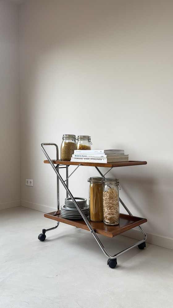 Image 1 of Vintage Mid Century stijl trolley / serveerwagen van chroom en hout