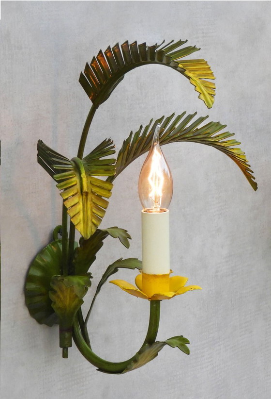 Pair of Mid Century Italian Palm Leaf Wall Lights C1950 - Two Pairs Available, Metal, Yellow (photo 4 of 8)