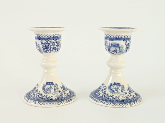 Image 1 of Set of 2 Antique Villeroy & Boch Burgenland Candleholders | Blue Saar Transferware (1913–1947)