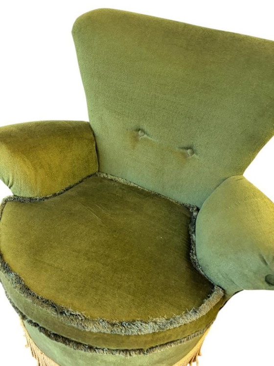Image 1 of Fauteuil cocktail/fauteuil une place/chaise vintage vert mousse à franges