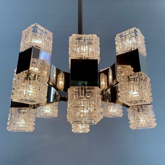 Image 1 of Italian 1970s Chandelier Attributed to Targetti, 16 Lights, Art Glass & Chrome Steel. Modernist Design