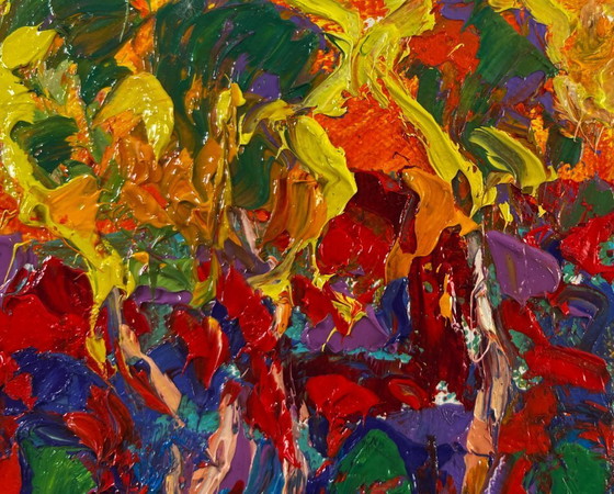 Image 1 of Original Oil Painting Colorful Forest Landscape Trees burn with the evening light