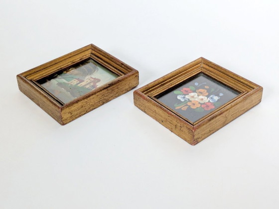 Image 1 of Pair of Small Italian Oil Paintings, Floral and Landscape, Gilded Wood Frames, Signed