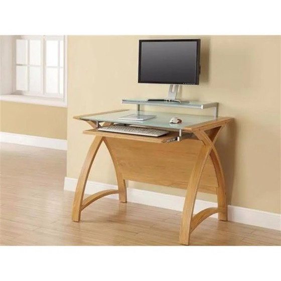 Stijlvol eikenhouten computer meubel met glazen blad, Cohen computerdesks UK, Bureau, Bruin, Modern (foto 14 van 14)