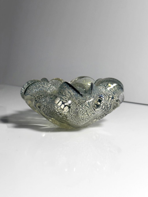 Barovier Toso Murano Ashtray, Silver Leaf, Silver Particles, Mint Green, Flavio Poli Style Glass, Mid-Century Modern, Italy