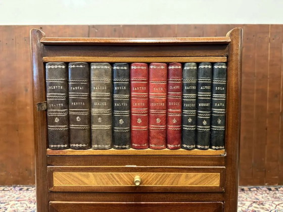 Set of Classic English Nightstand with Books and Marqueterie, Leather, Wood, Chesterfield (photo 6 of 15)