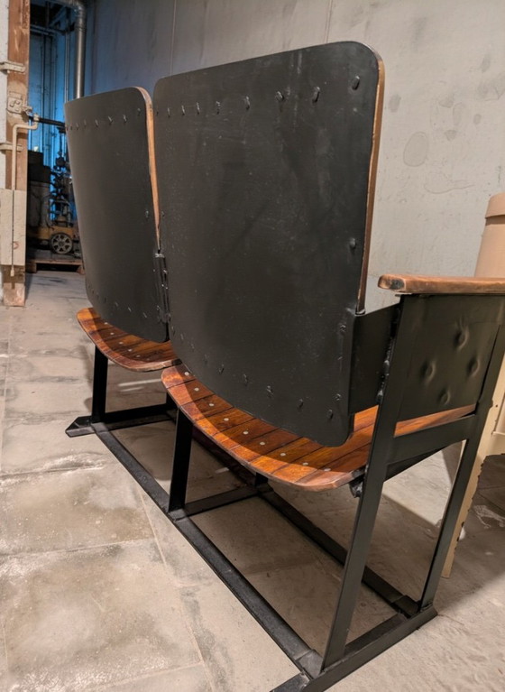 Image 1 of Banquette Vintage Chaise Double / Pair Of Wooden Joined & Fixed Theatre / Cinema Seats On Black Metal Frame