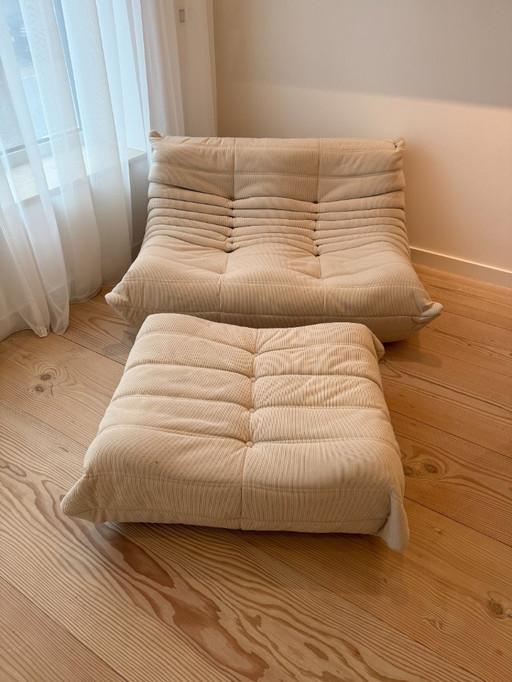 Conjunto de salón modular estilo Togo: 2 sillones y otomana de pana