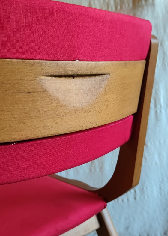 Sedia in legno massello e tessuto rosso - design anni '50 – Sedie da pranzo (photo 8 of 10)